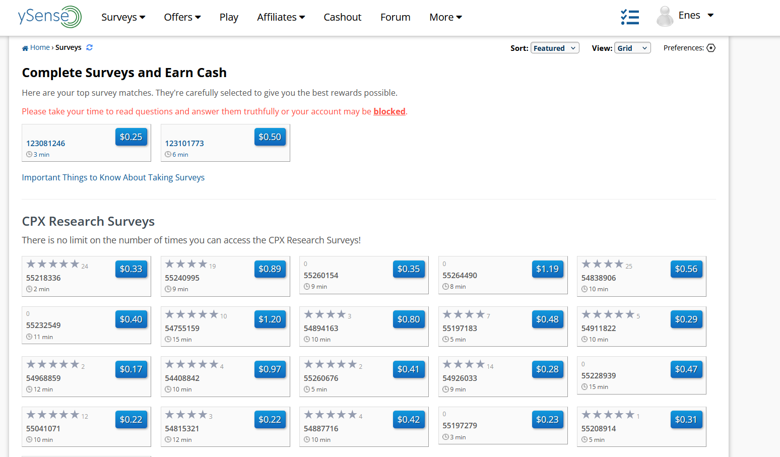 ySense dashboard showing earnings, surveys, and available tasks